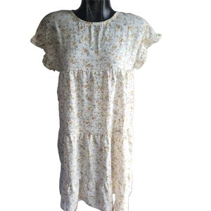 Cream and Yellow Floral Print Ruffled Short Sleeve Dress M
